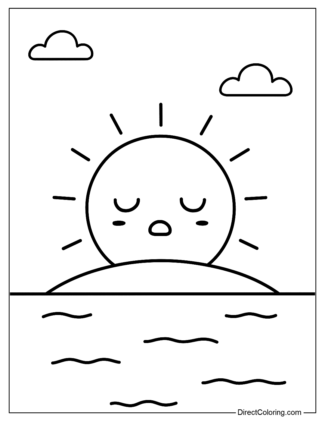 sleepy Sun setting below the horizon coloring page, simple strokes for kids